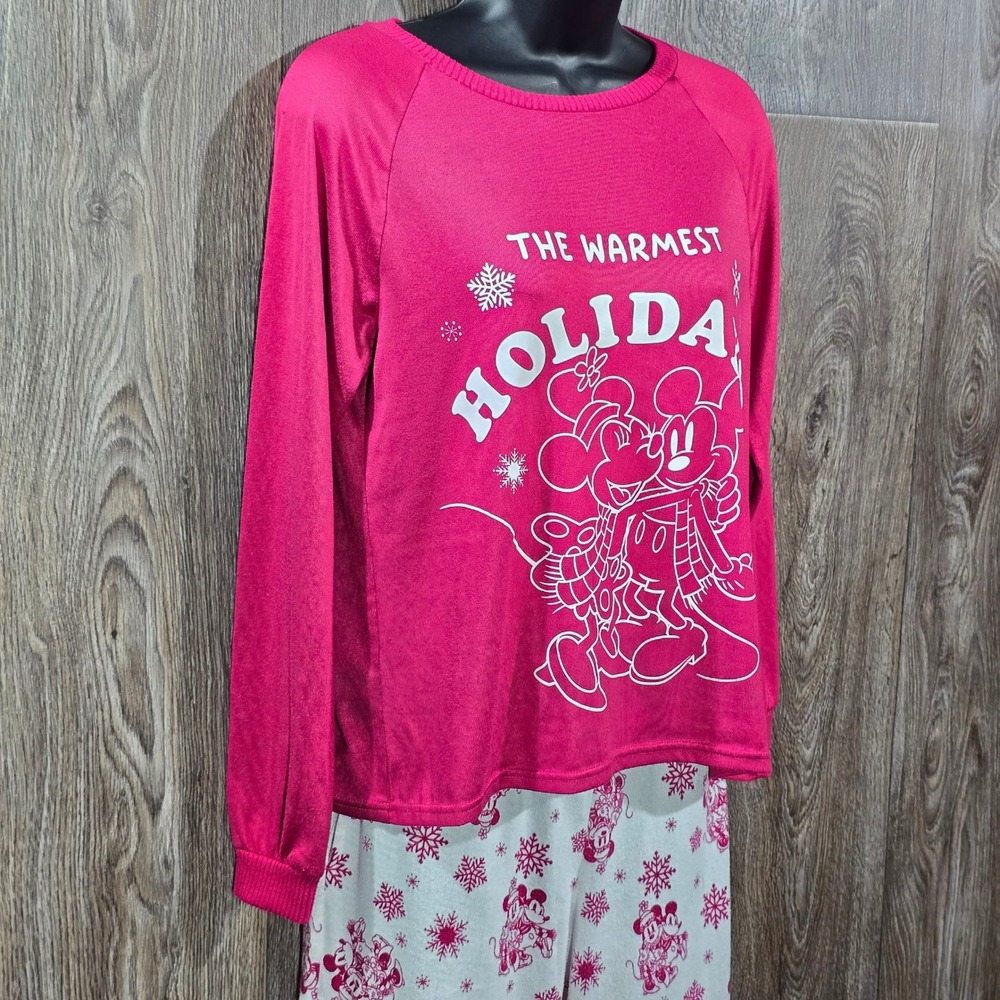 Disney Mickey Minnie Holiday Pajama Set XS Rose Sangria Raglan Sleepwear‎